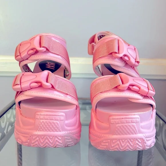 Anthony Wang pink platform wedge buckle sandals patent leather trim size 6.5 - Picture 6 of 13